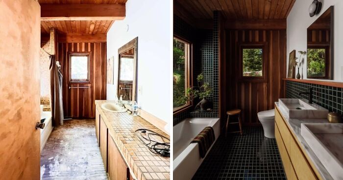 A before-and-after of a bathroom showing a major home decor project transformation from rustic to modern.