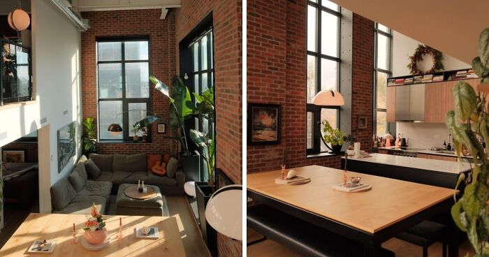 An impressive home decor project highlighting a loft apartment's transformation, featuring exposed brick walls and a spacious living area.