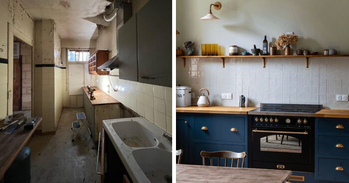 A remarkable home decor project transforming an old, dilapidated kitchen into a modern space with navy cabinets and wooden countertops.
