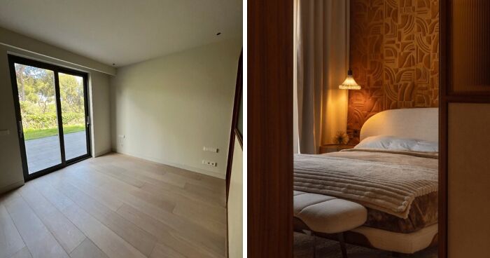 A stunning home decor project showing an empty room revitalized into a cozy bedroom with warm lighting and a textured accent wall.