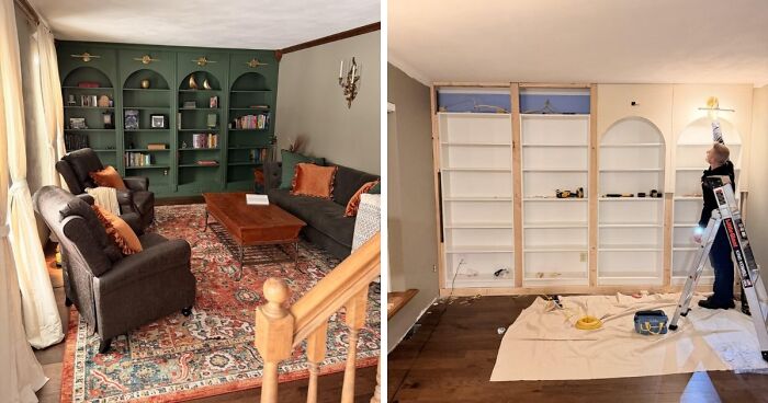 An incredible home decor project transforming an empty wall into elegant arched bookshelves, enhancing the room's aesthetic.