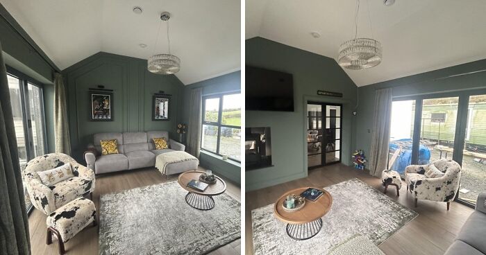 A before and after comparison of a living room showcasing amazing home decor projects, featuring a stylish gray couch and accent chairs.