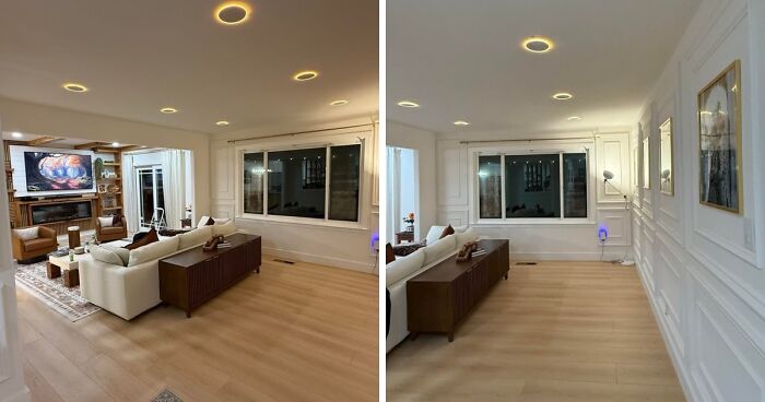 Living room home decor projects showing a refreshed space with updated wall panels and improved lighting.