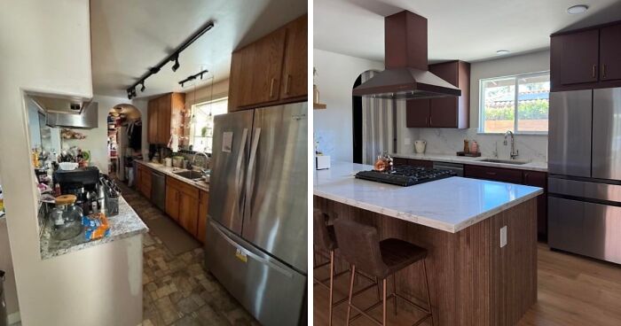 Before and after kitchen home decor projects with a new island, range hood, and updated cabinetry.