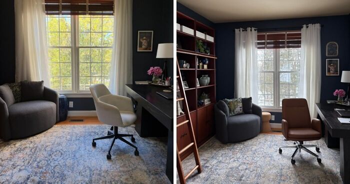 Before and after home decor projects for a home office, with a desk, chair, and updated storage and decor.