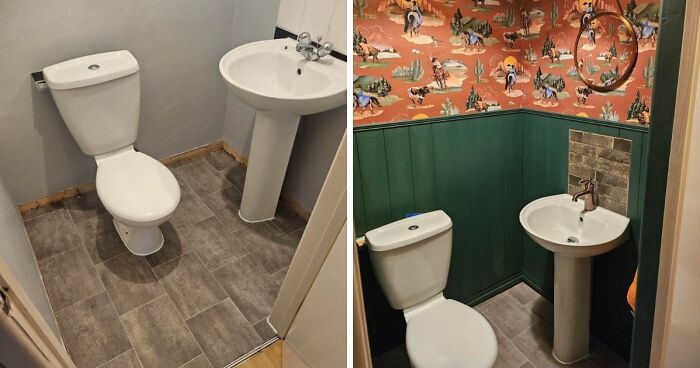 Before and after home decor projects for a small bathroom, showcasing a toilet, sink, and new wall decor.