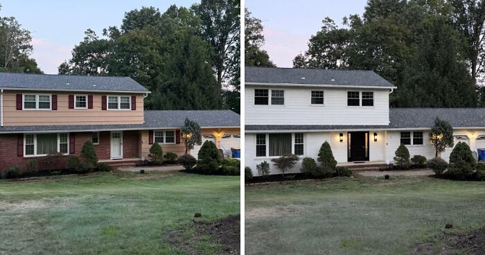 Before and after home decor projects showcasing a house exterior with updated paint and landscaping.