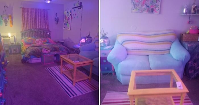 Before and after shot of a bedroom with vibrant purple lighting, showcasing creative home decor projects.