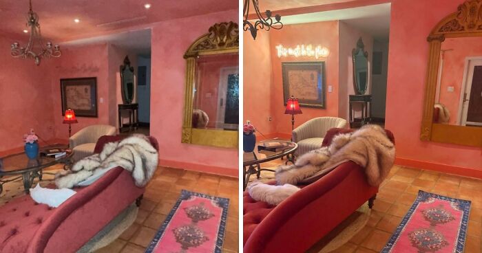 Living room home decor projects: a luxurious pink living room with a red chaise lounge and ornate mirror.