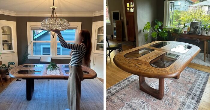 Interior home decor projects: a woman adjusting a chandelier above a large wooden dining table.