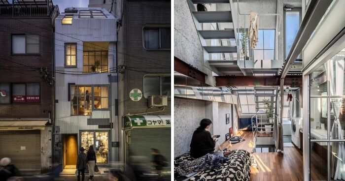 Unique home decor projects: a narrow building with a modern interior featuring multiple levels and a staircase.