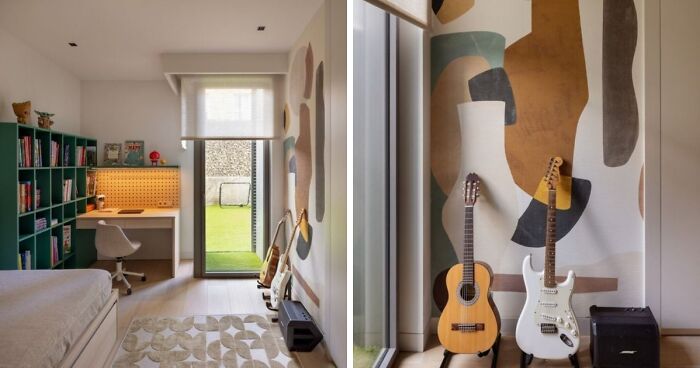 Stylish home decor projects: a bright room with a desk, bookshelf, and guitars, featuring modern decor.