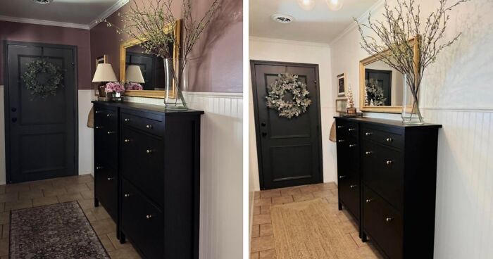 Entryway home decor projects with a black shoe cabinet, decorative mirror, and a wreath on the door.