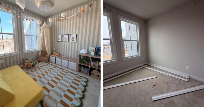 Before and after home decor projects for a child's room, transforming it with striped wallpaper and playful decor.
