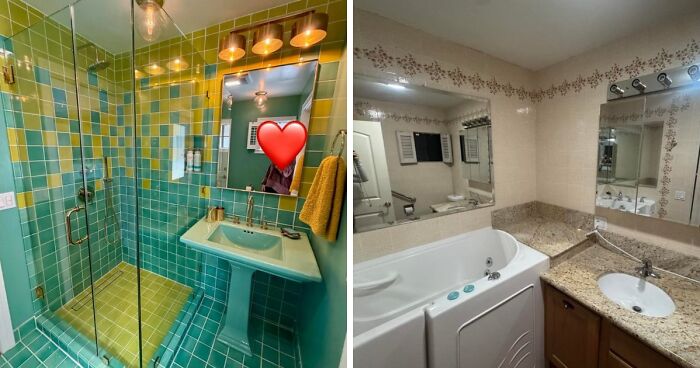 Before and after home decor projects for a bathroom, featuring a colorful tiled shower and a new walk-in tub.