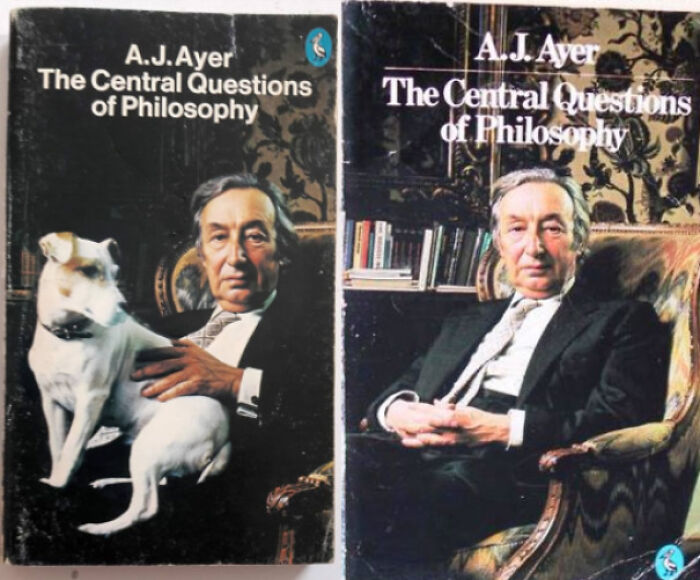 Two hilariously unhinged book covers of A.J. Ayer, one featuring him with a dog and the other without the dog