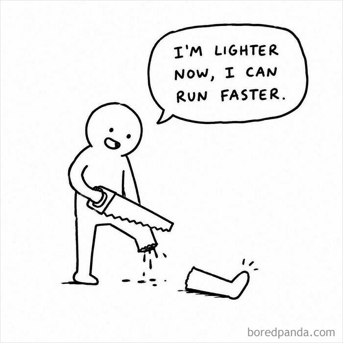 Funny programmer meme drawing of a person sawing off their leg to run faster.