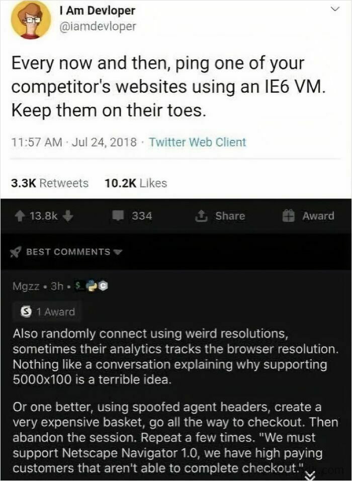 A programmer meme illustrating a humorous tip to ping competitor websites using an IE6 VM to keep them on their toes.