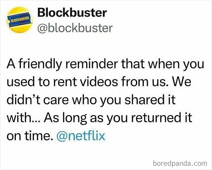A Blockbuster tweet, a hilarious 90s meme reminding Netflix about video rentals.