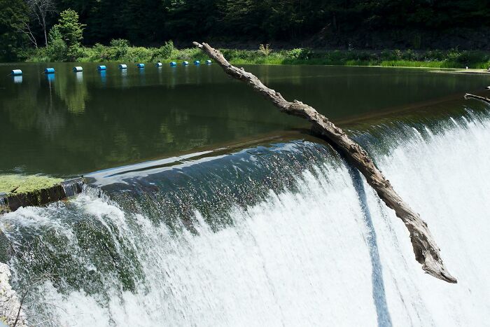 A baffling image of a long tree branch precariously balanced over a waterfall, appearing to make no physical sense.