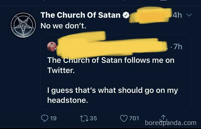 A Twitter screenshot where someone claims The Church of Satan follows them, and The Church of Satan's official account replies No we don't, exposing the lie.