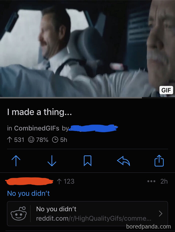 A social media post showing a GIF with a caption claiming credit, and a reply exposing the lie by linking the original source.