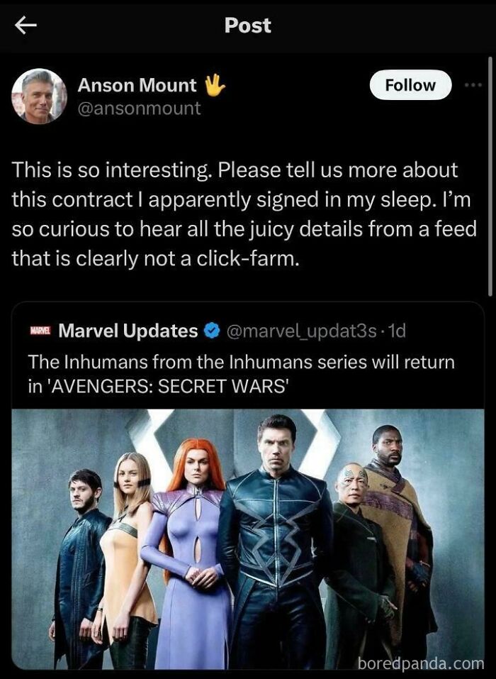 Anson Mount calling out Marvel Updates on social media for lying about a contract he supposedly signed.