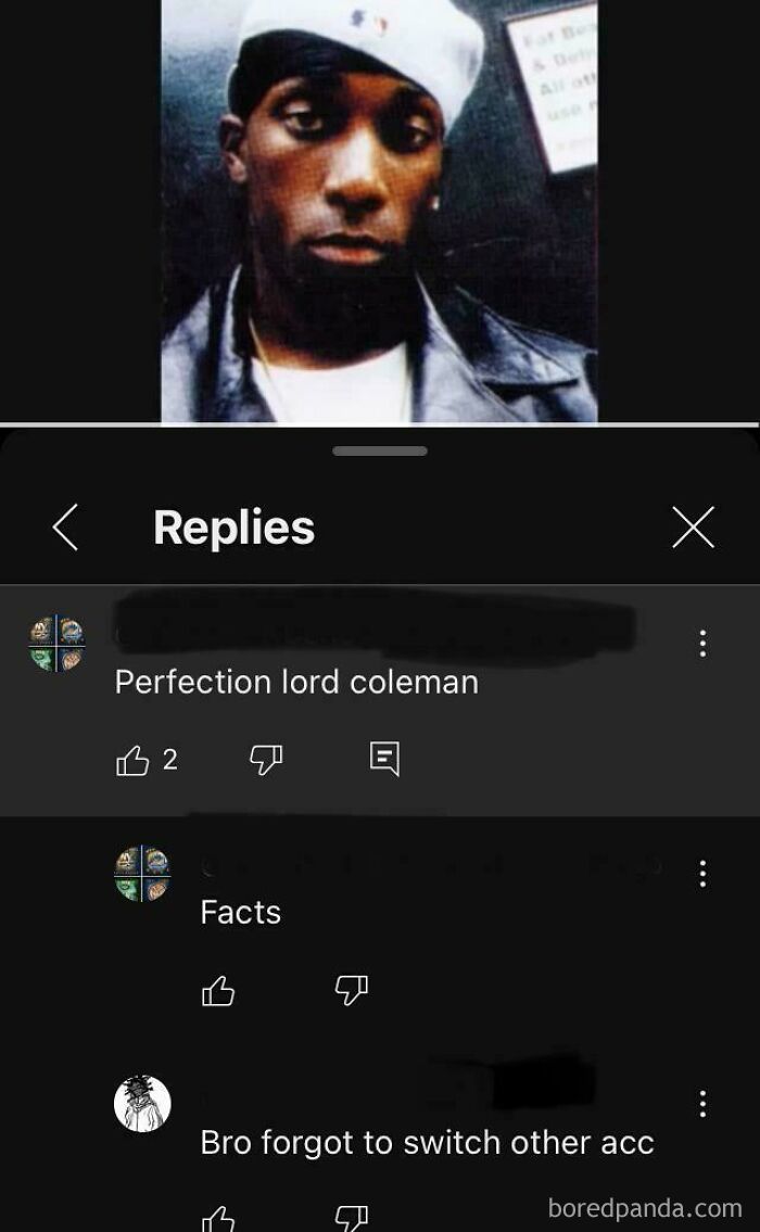 A person caught lying on social media by commenting on their own post from a different account.