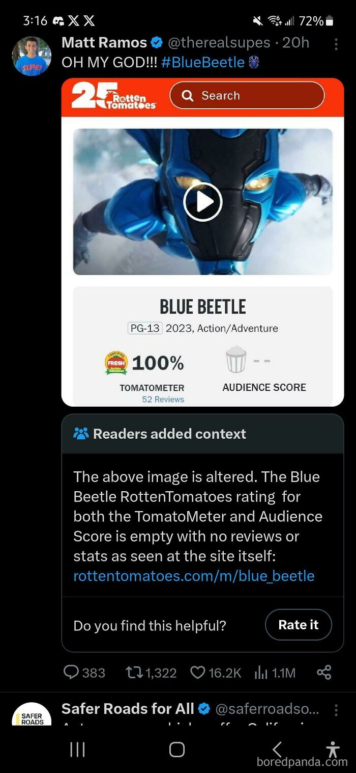 Screenshot of a Twitter post showing a fake Blue Beetle Rotten Tomatoes score, exposed for lying on social media.