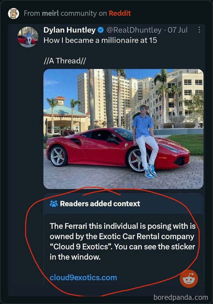Reddit post of a young man posing with a Ferrari, claiming to be a millionaire, with added context exposing the social media lie about car ownership.