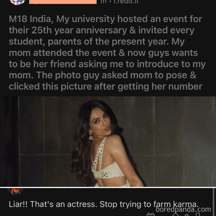 Screenshot of a Reddit post claiming a photo is of a user's mom, but a comment reveals it's an actress, showing a social media lie.