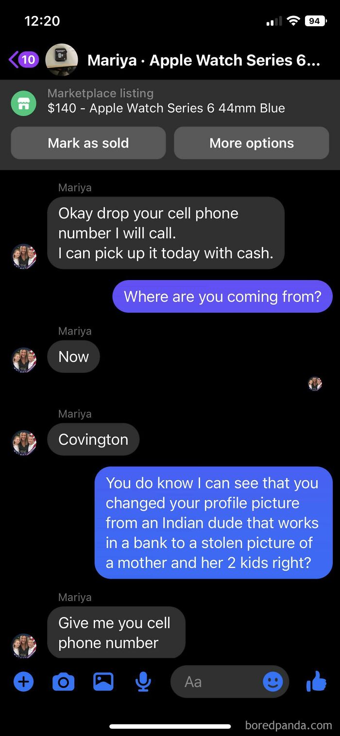 Facebook Messenger chat showing a buyer's profile picture changing, exposing a social media lie about identity.