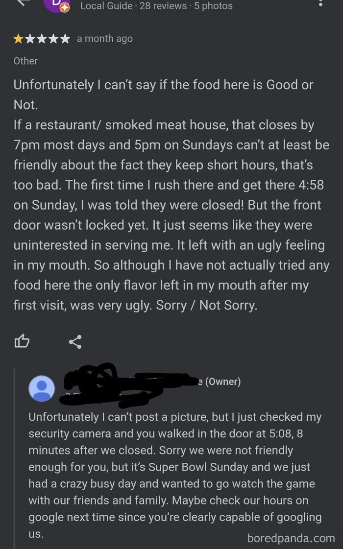 Screenshot of a negative restaurant review and an owner's reply, revealing a social media lie about business hours.