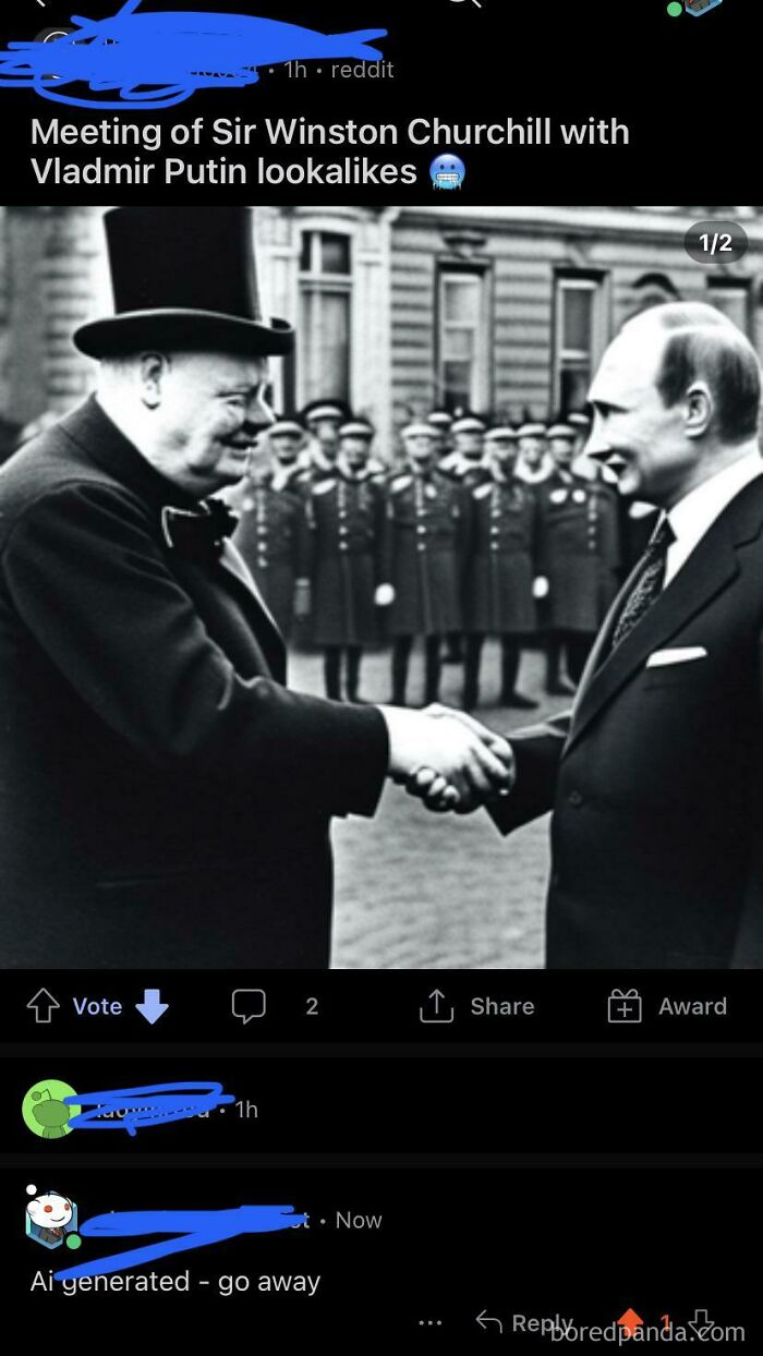 Black and white image of two men shaking hands, one resembling Winston Churchill and the other Vladimir Putin lookalike, social media lie.