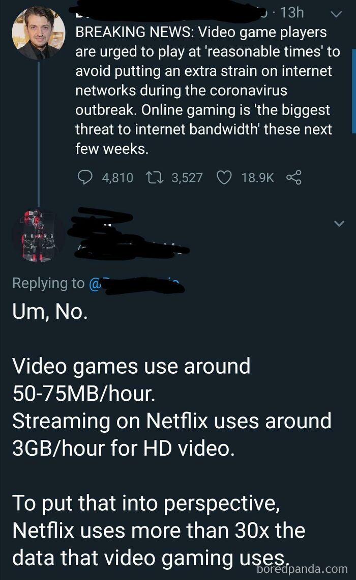 A social media post about video game players causing network strain, debunked with data on streaming vs. gaming.