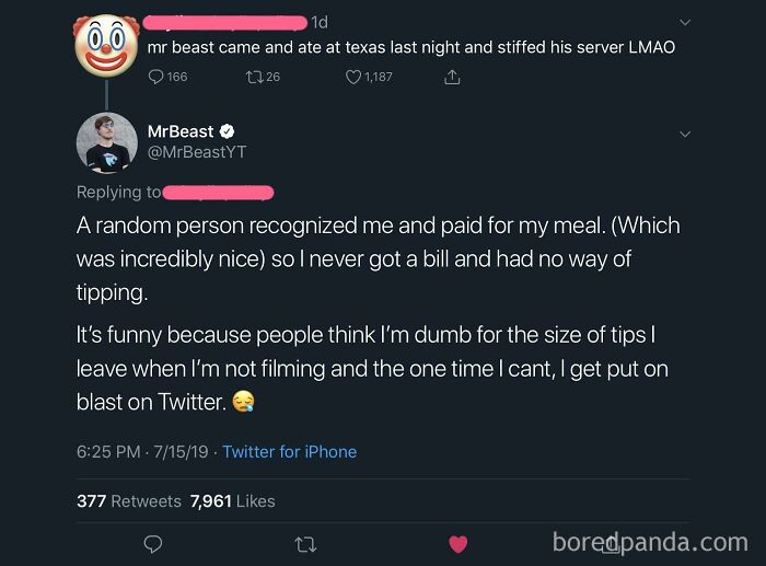 MrBeast responding to a social media lie about him not tipping his server.