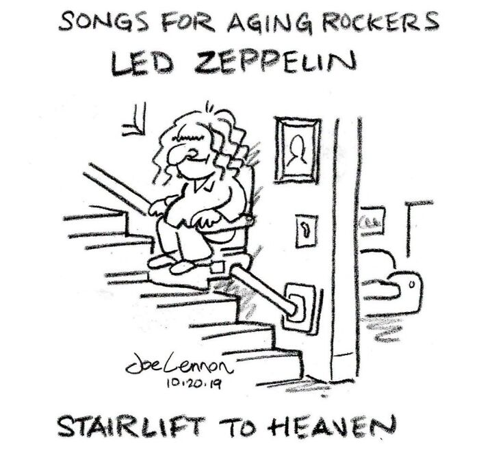 A Joe Lennon comic featuring an aging rocker on a stairlift, with an unexpected punchline.