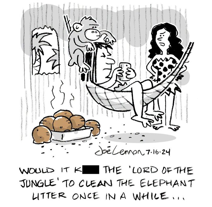 A Joe Lennon comic shows a cavewoman asking a caveman to clean up elephant litter. Awkward moment, unexpected punchline.