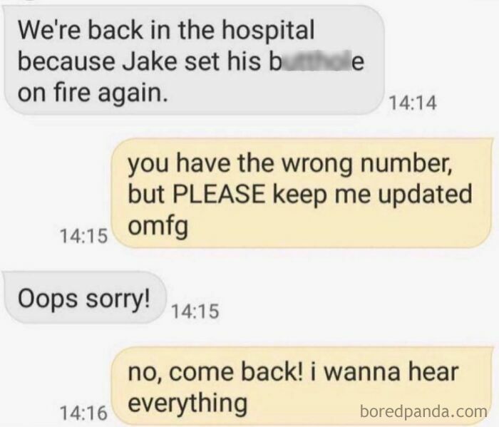 A screenshot of hilarious texts showing a conversation about a child setting something on fire, sent to the wrong number.