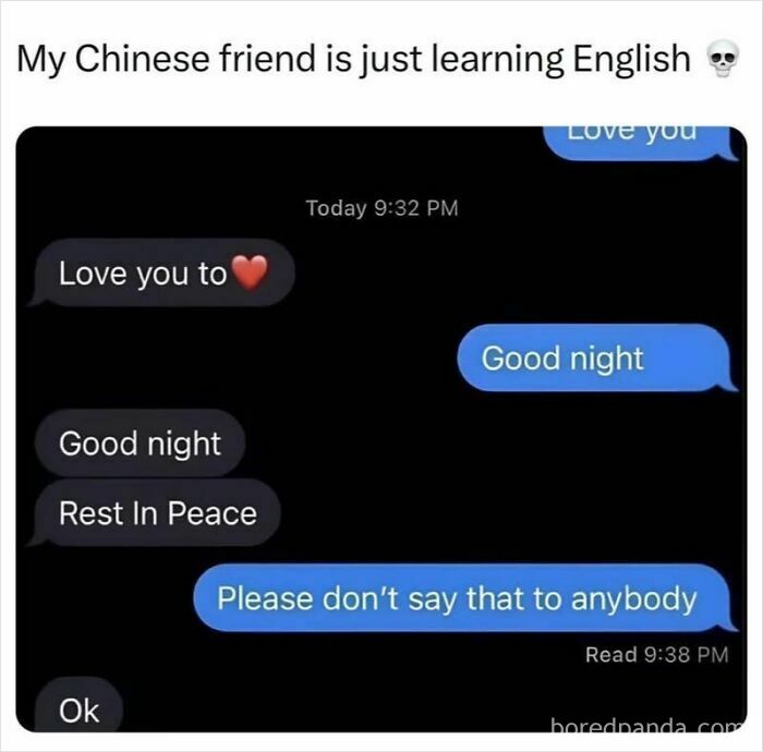 Hilarious texts with English learning mix-up saying Rest In Peace good night messages