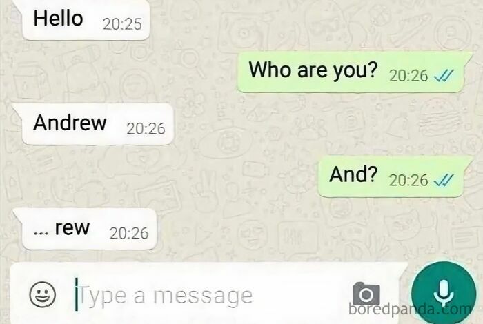 A screenshot of hilarious texts, someone introducing themselves as Andrew then correcting to rew.