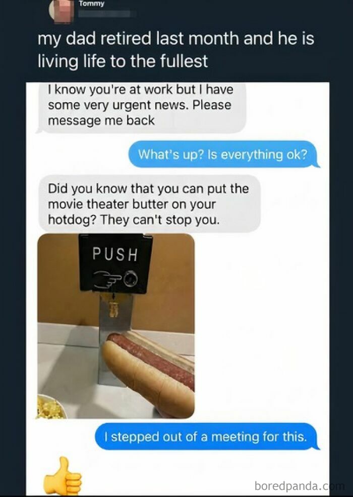 A screenshot of hilarious texts where a dad shares urgent news about putting movie theater butter on a hotdog.