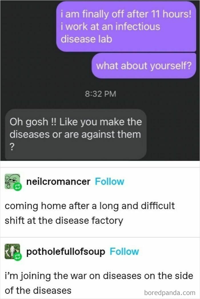 A screenshot of hilarious texts about someone working at an infectious disease lab, leading to funny comments about disease factories.