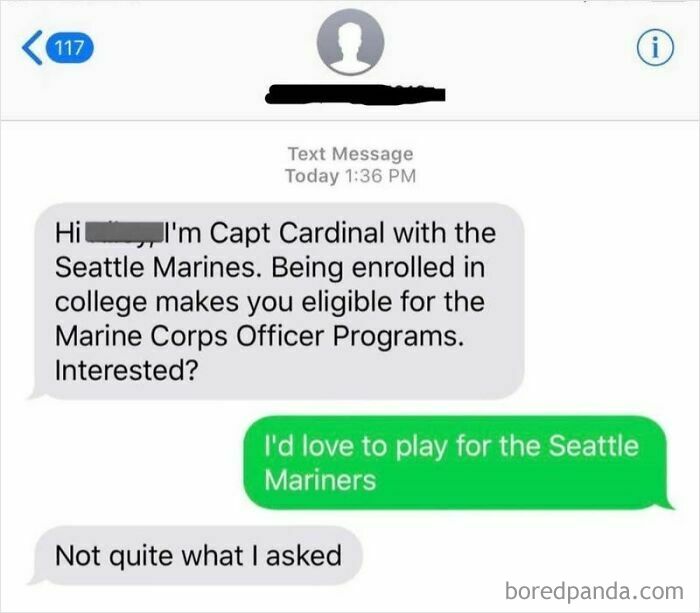 A screenshot of a text message conversation, featuring hilarious texts about someone confusing Seattle Marines with Seattle Mariners.