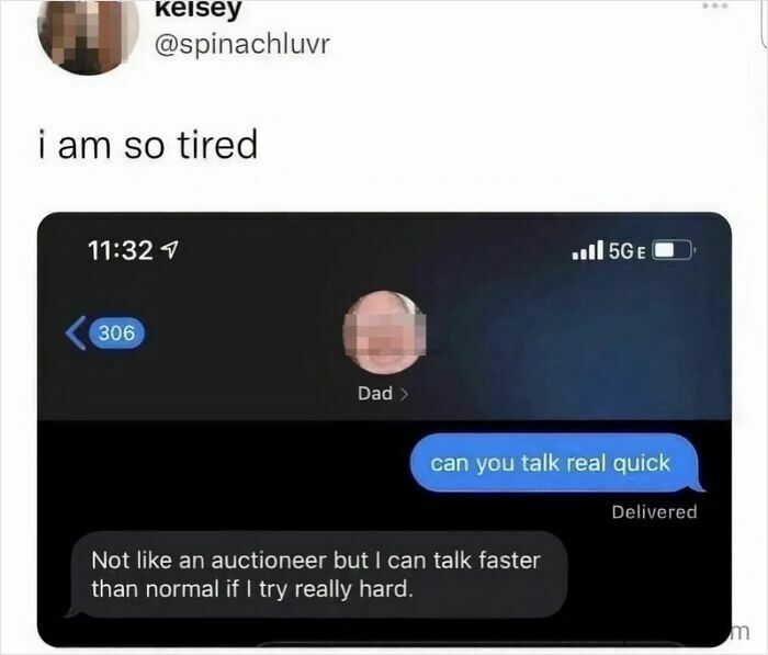 A screenshot of a text message conversation where a parent responds humorously to 'can you talk real quick' with hilarious texts.