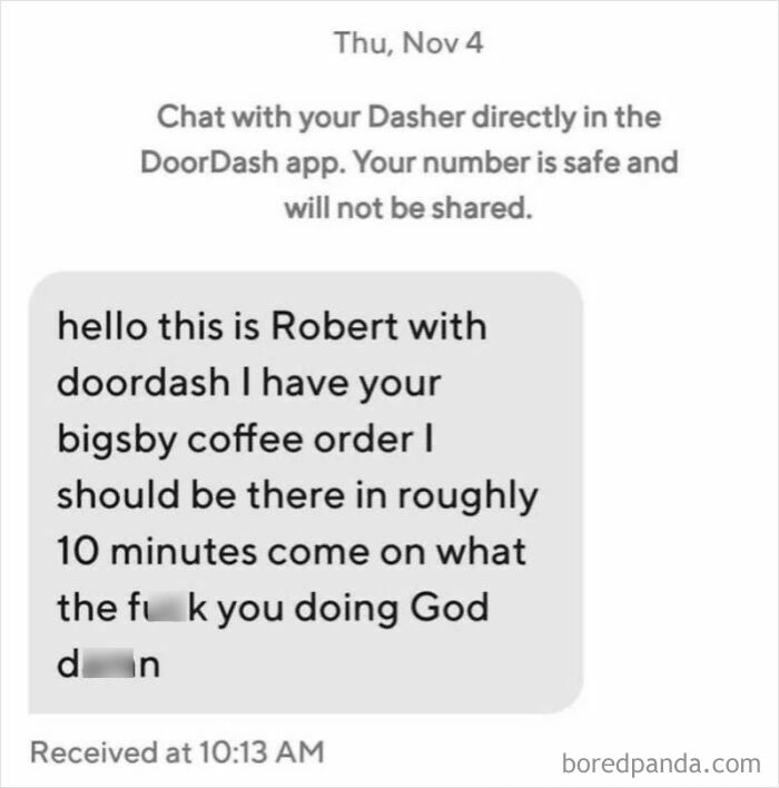 A screenshot of hilarious texts, including an unusual DoorDash message that might make you cringe or cry-laugh.