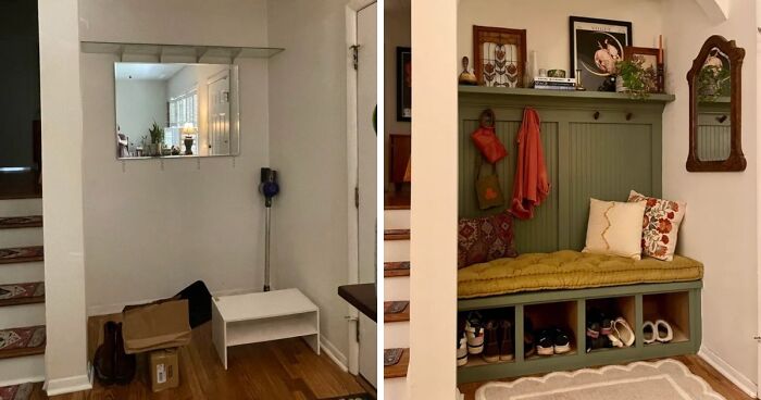 A home decor project transforming a cluttered entryway into an organized and inviting space with a green storage bench.