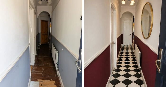Before and after of a home decor project transforming a dull hallway into a vibrant space with patterned tiles.