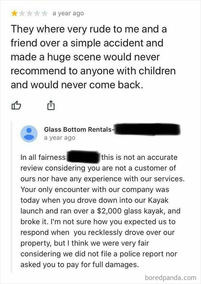 Screenshot of a social media lie in a customer review, debunked by the business about a kayak accident.