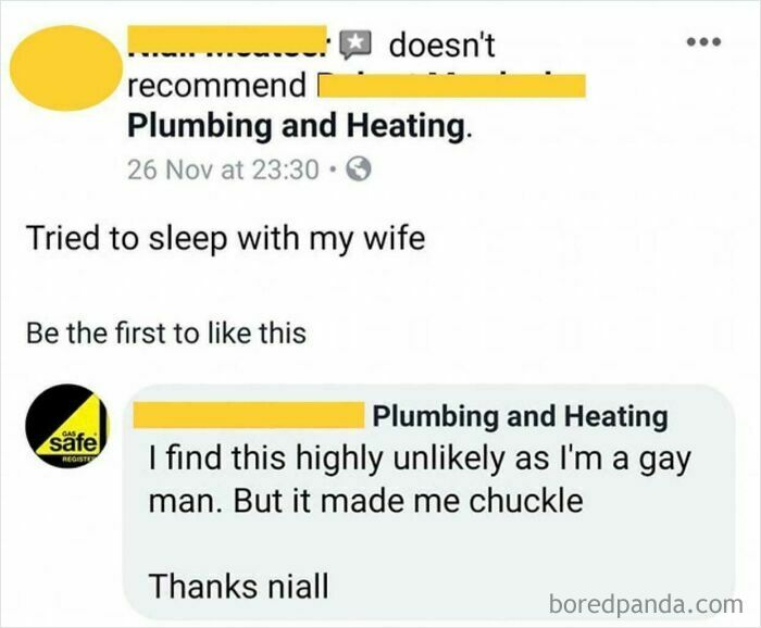 Screenshot showing a social media lie about plumbing and heating service, exposed by the business owner.